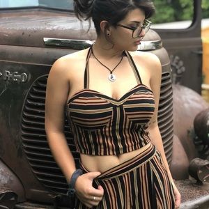 Two piece outfit orange and black stripes size small pants size medium top